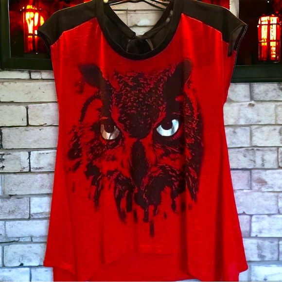 NWOT Red and Black Owl Top W/Sheer Tie Back - Picture 8 of 8
